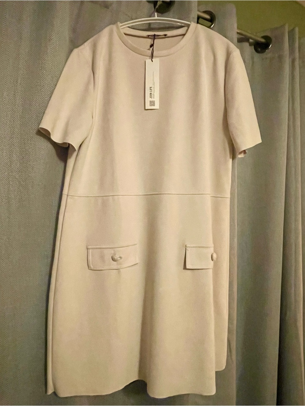Zara Women's Cream Short Sleeve Shift Dress with Pocket Flap Detail